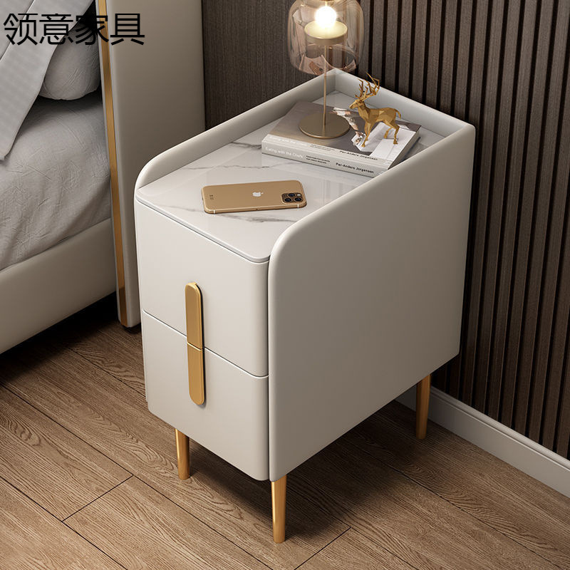 New All Solid Wood Slate Leather Bedside Table Mini Smart Internet Celebrity Light Luxury Storage Cabinet Home Bedroom Storage Rack