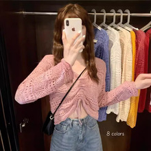 镂空V领长袖针织衫女2024新款夏装设计感薄款宽松抽绳防晒上衣