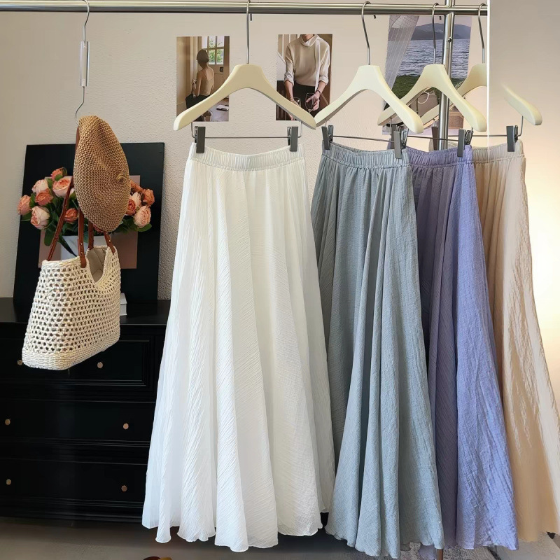 Japanese-Style Linen Crepe Textured Cotton Skirt for Women, Summer Elastic Waist, Flowy with Lining, A-Line Flared Umbrella Skirt