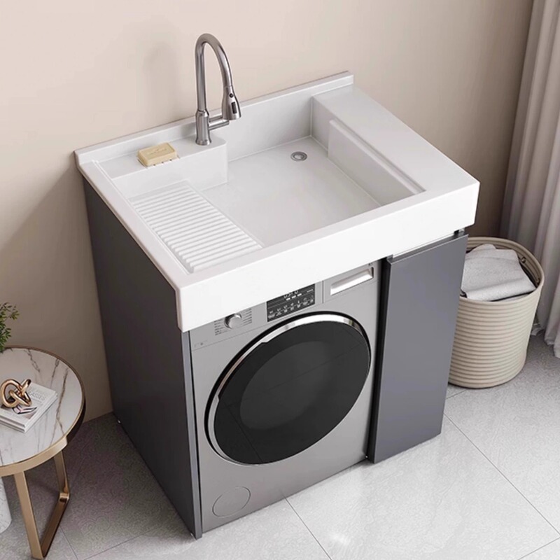 Small Apartment Laundry Cabinet with Integrated Balcony Sink, Laundry Tub with Washboard, Drum Washing Machine Cabinet Combination with Cut Corners