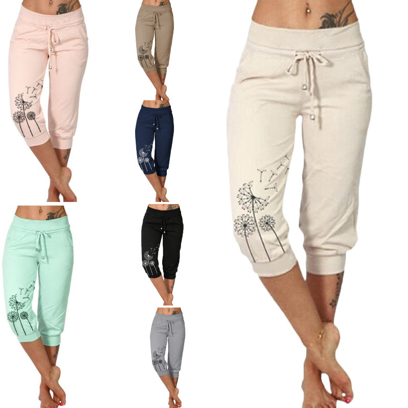 New plus size European and American Cross-border Casual Pants Amazon wish Fashion Printed Loose High Waist Lace-up Capri Pants
