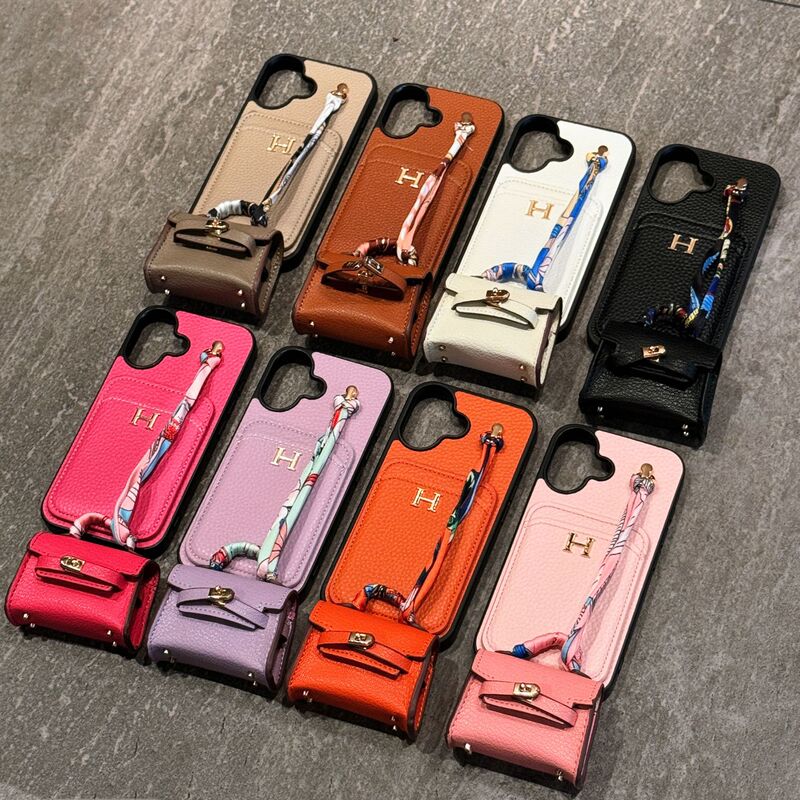 Suitable for Apple 17 Mobile Phone Case Iphone15Pro Max Litchi Pattern Card Holder + Headphone Cover Mobile Phone Case 12 Trendy Women