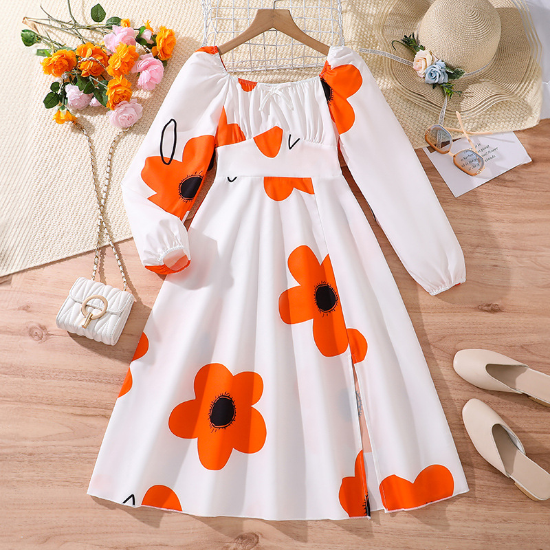 Mädchen Langarmkleid Mit Blumenmuster Modisches Herbstkleid_voghion.com