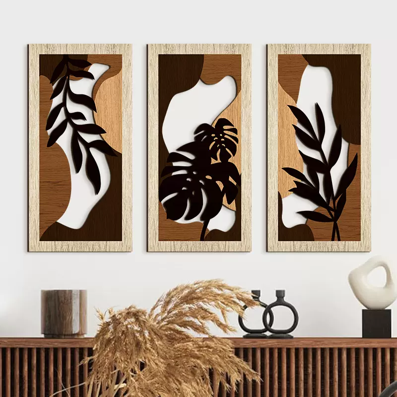 原木风植物撞色墙壁套装树叶3件套木质挂件墙艺术制镂空木板壁饰
