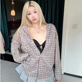 春秋新款复古格子防晒衬衫女2026新款休闲慵懒风宽松长袖衬衣外套