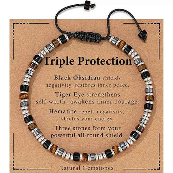 Natural Stone Spacer Beads Triple Protection Hematite Black Obsidian Tiger Eye Beaded Woven Bracelet Beaded Jewelry