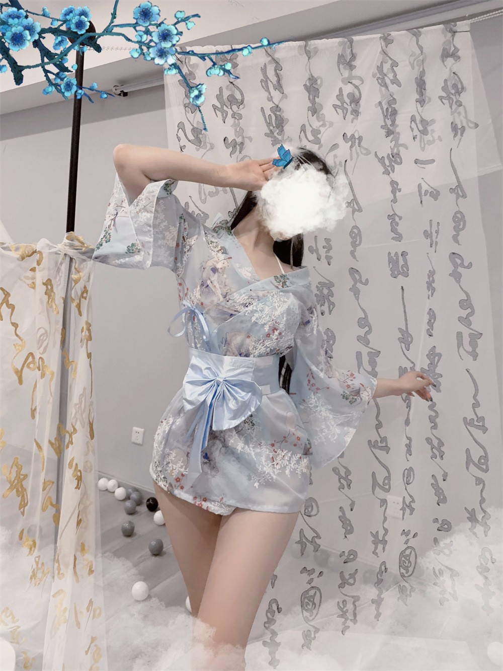 Women’s Chiffon Kimono Robe Set with Bow and White Stockings, One Size — detail image 8