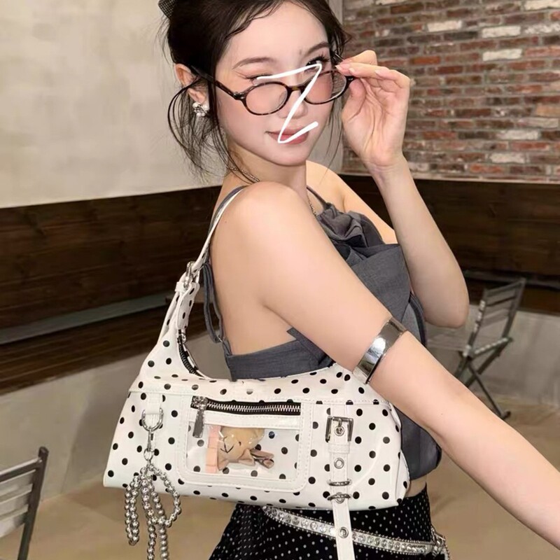 Niche Retro Oil Wax Leather Color-Block Polka Dot Underarm Bag 2025 New Spicy Girl Style Large Capacity Single Shoulder Crossbody Bag