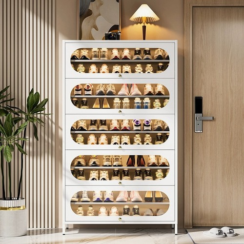 Home steel shoe cabinet with floor-standing multi-layer entryway console storage cabinet, hinged door, iron craft dustproof shoe rack