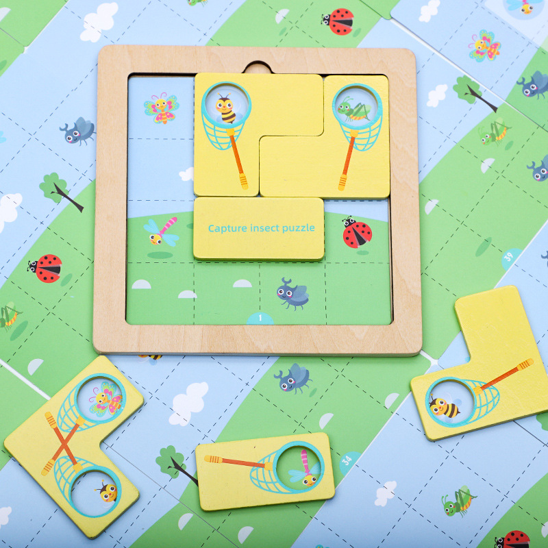 Captura de madera de insectos rompecabezas que quema el cerebro juegos de entrenamiento para bebés concentrados juguetes de coordinación mano-ojo