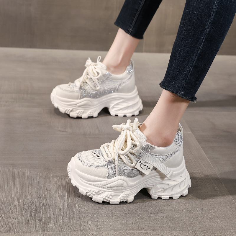 Giày sneaker nữ chunky đế dày lưới thoáng khí — màu be