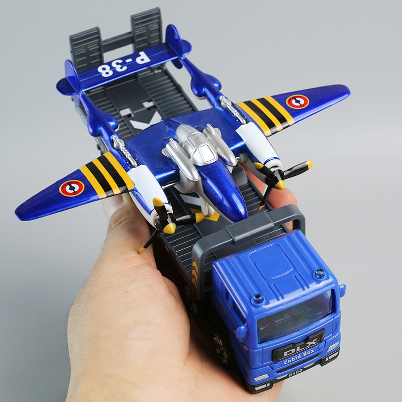 6BVQ儿童飞机运输车合金双体战斗机旋转螺旋桨轰炸机平板拖车套装