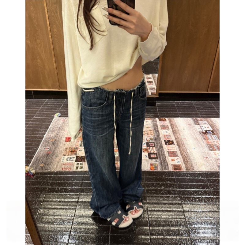 Oneone【9.22 20:00】Spencer Story High Cotton Pleated White Lace-Up Raw Edge Jeans