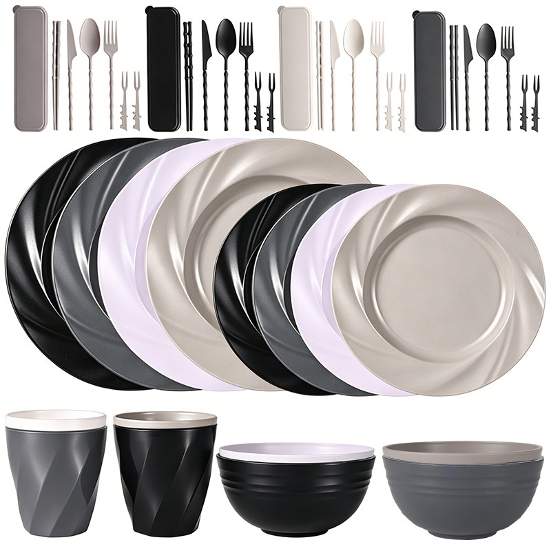 Cross-border Amazon wheat straw bowls, plates, cups, tableware, pasta plates, bowls, cups, cutlery, forks, spoons, portable tableware set Cross-border Amazon wheat straw bowls, plates, cups, tableware, pasta plates, bowls, cups, cutlery, forks, spoons, portable tableware set