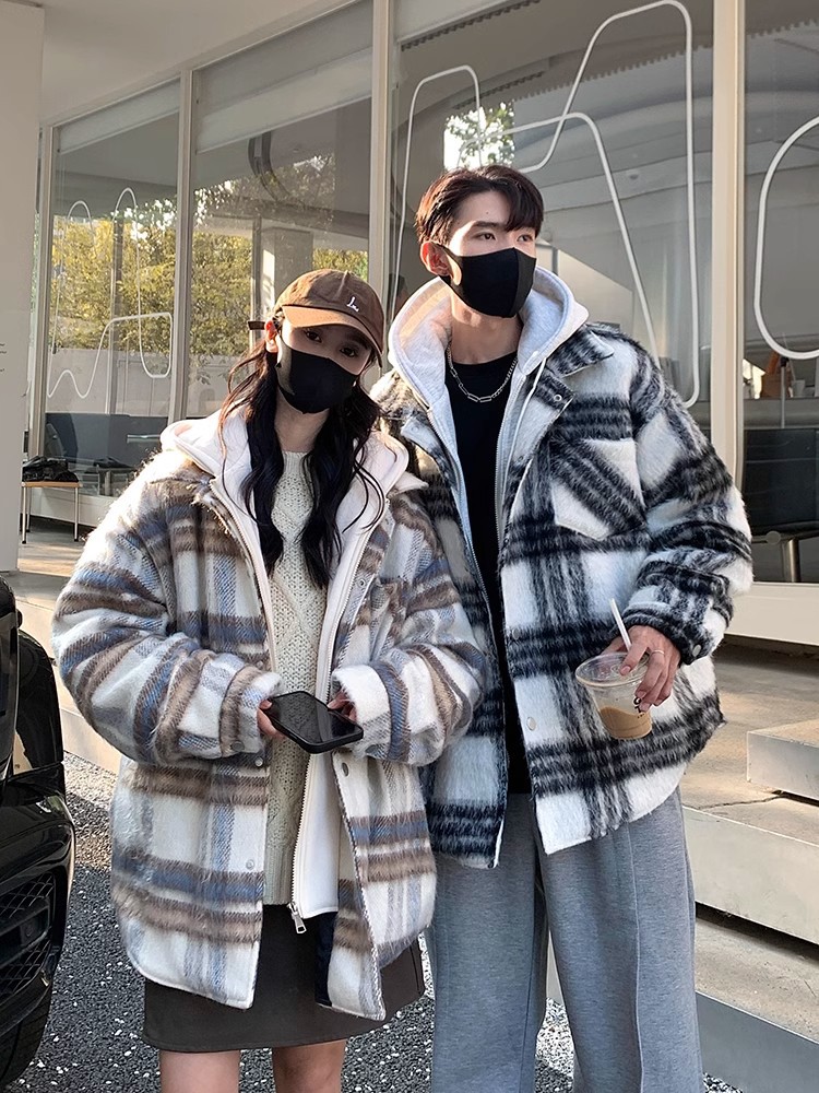 Abrigo a cuadros de dos piezas falso americano para hombres, otoño e invierno, nueva marea nacional, chaqueta acolchada de algodón con capucha de lana retro gruesa y cálida