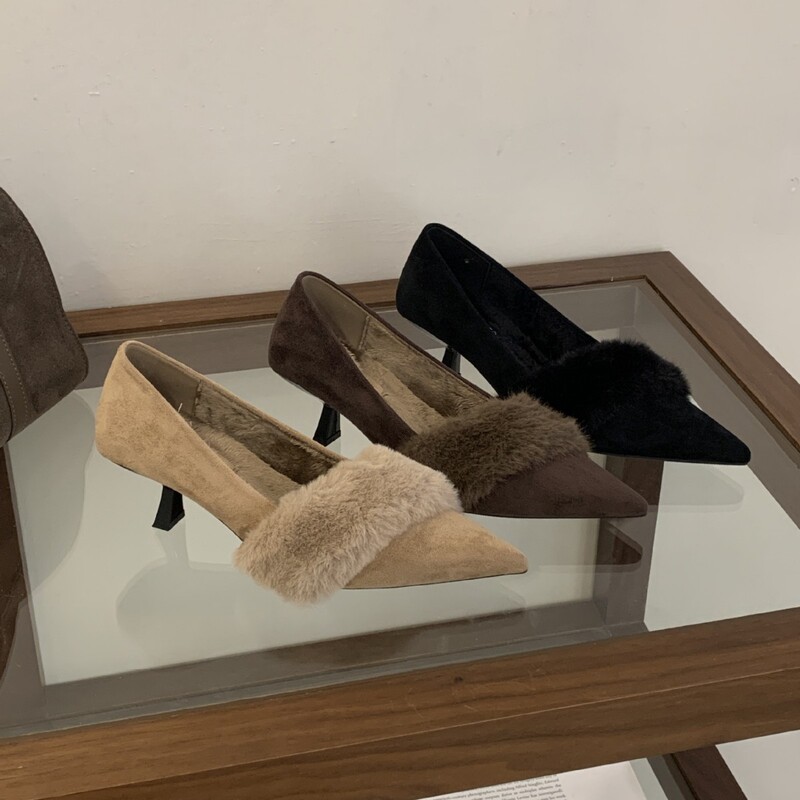 Retro French-Style Evening Kitten Heel Pointed Toe Shallow Slip-On Shoes with Added Fleece for Women, Autumn and Winter High Heels, Slip-On Furry Shoes Retro French-Style Evening Kitten Heel Pointed Toe Shallow Slip-On Shoes with Added Fleece for Women, Autumn and Winter High Heels, Slip-On Furry Shoes