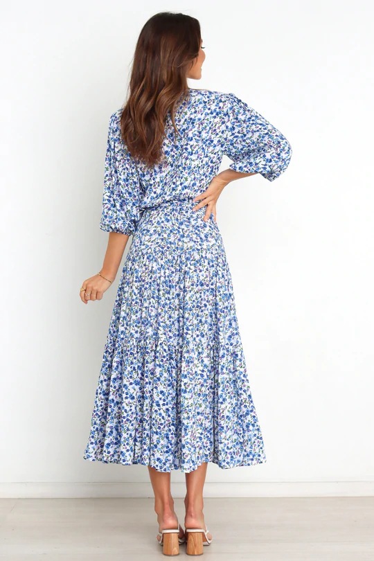 summer blue floral print mid-sleeve V-neck dress  NSCXY120954