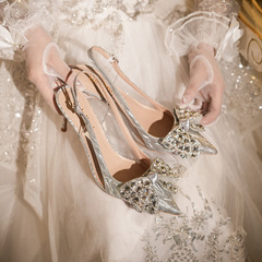 新款水晶婚鞋細跟尖頭包頭秋季新娘鞋時尚歐美水鑽伴娘高跟鞋涼鞋