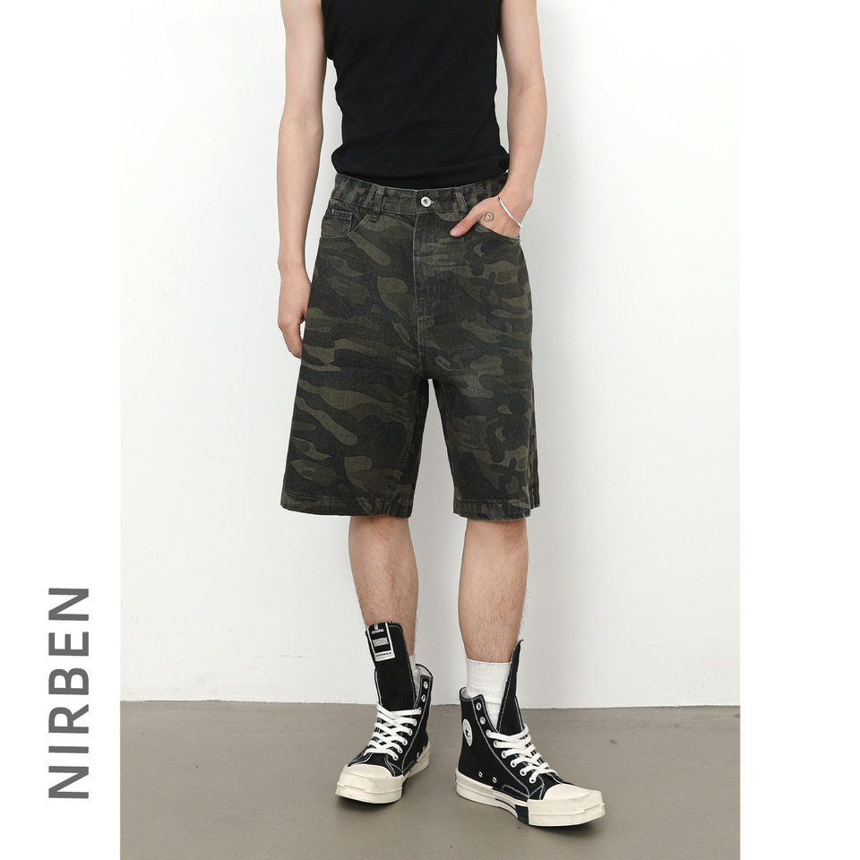 Quần short nam denim họa tiết rằn ri phong cách công sở đi biển — Màu trắng, Màu đen, Màu đất gỉ sét, Ngụy trang màu mơ