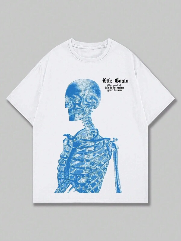Blue Skull Man Life Goals Letter Print Women's T-Shirt Summer O-Neck Cotton Top Street Fashion T-Shirt