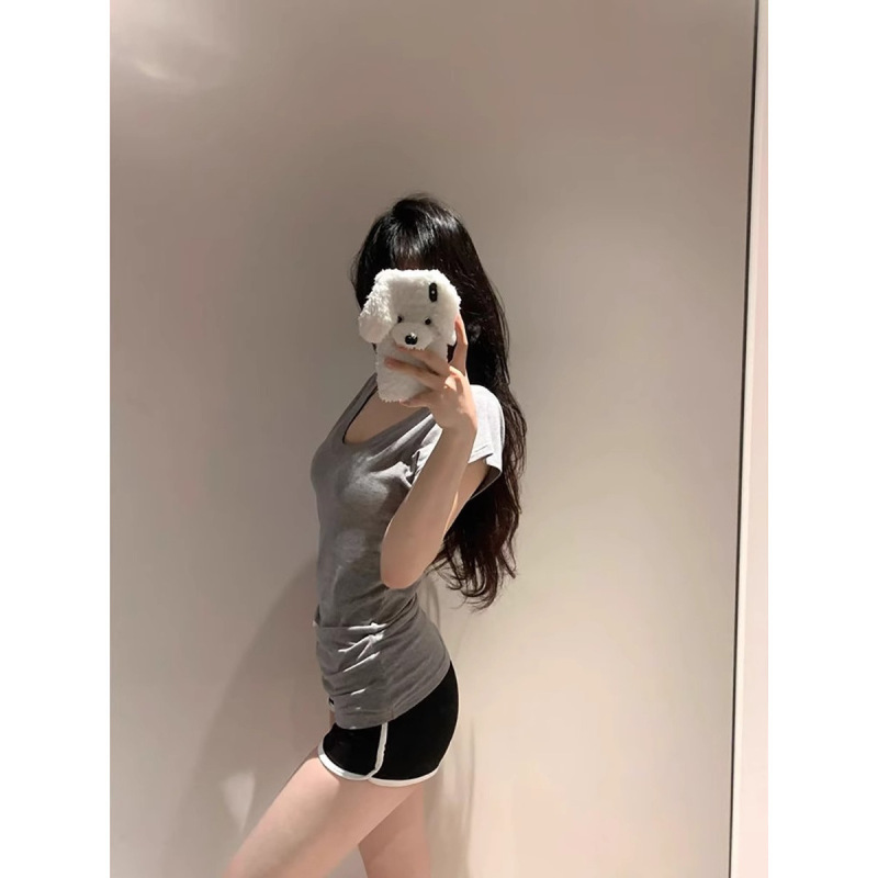 灰色V领垂感收腰正肩短袖T恤女夏季松弛感慵懒风基础修身显瘦上衣|undefined