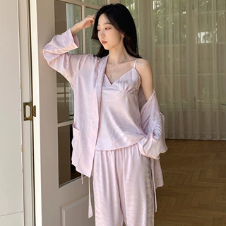 2026新款冰丝睡衣女斑马纹长袖长裤吊带三件套家居服睡袍春秋夏季