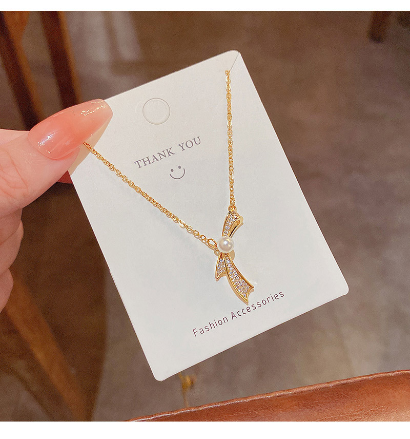 Womenu0027S Sweet Bow Knot Imitation Pearl Titanium Steel Necklace Pearl Bowknot Zircon Necklaces