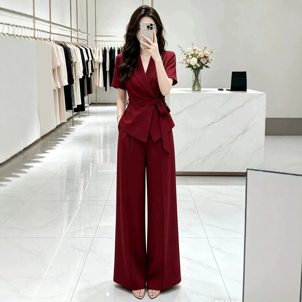 3050 Plus-Size Women's Professional Suit Set, Stylish Short-Sleeve Thin Jacket and Wide-Leg Pants Two-Piece Set for Curvy Women