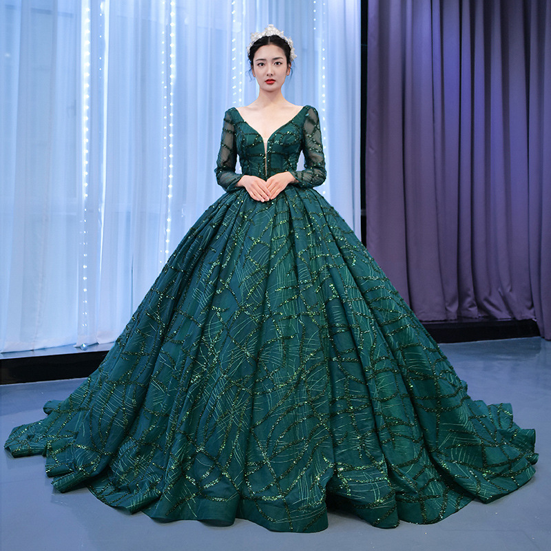 European and American Foreign Trade 2026 Long-Sleeve Performance Dress Evening Gown Deep V-Neck Elegant Slimming Solo Performance Ball Gown Puffy Skirt Wedding Dress