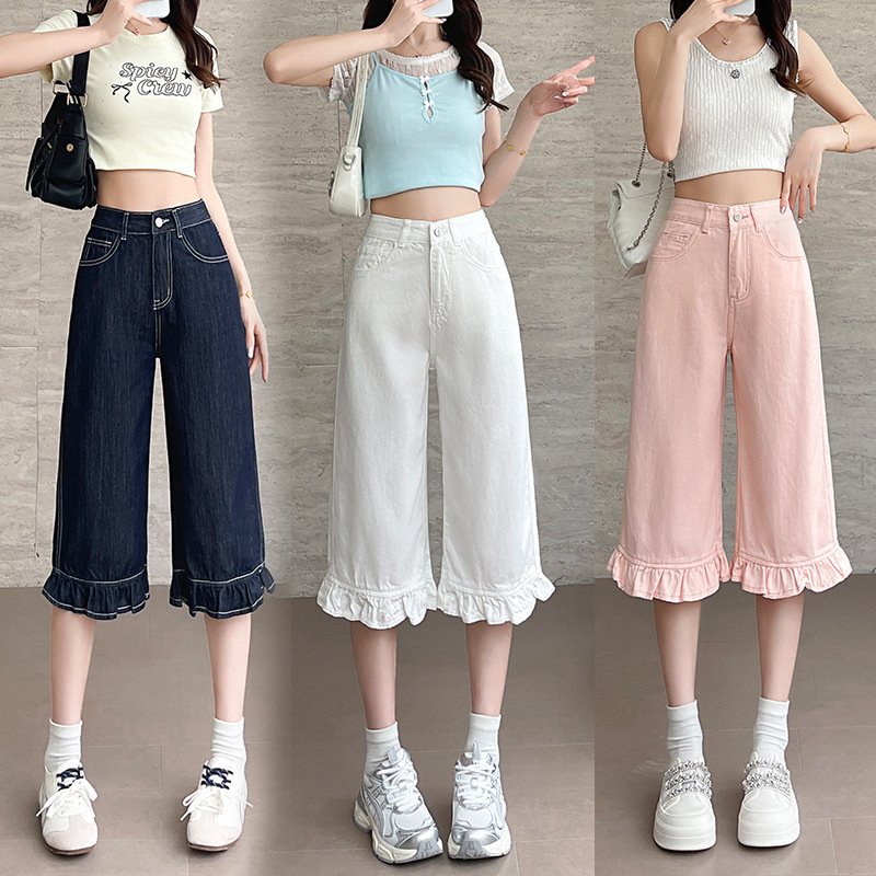 Ruffled Original Color Dark Blue Denim Cropped Pants Summer Loose Niche Design Slightly Flared Mid-Length Pants over the Knee