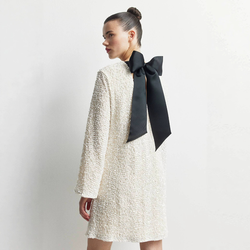 2026 Summer New Style European and American Sexy Style Fashion Elegant Round Neck Long Sleeve Sequin Dress with Bow Tie on the Back