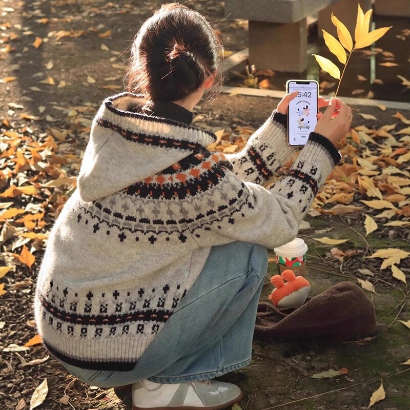 Nordic-style Fair Isle knitted hooded sweater coat for women, featuring intricate designs, perfect for autumn and winter