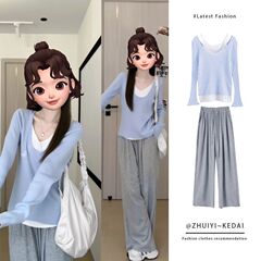 秋季穿搭一整套装女2025年新款假两件t恤上衣宽松显瘦裤子两件套