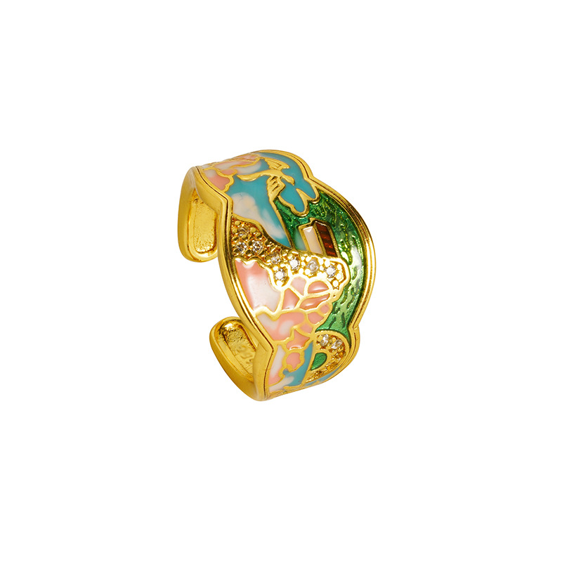 Anillo de oro de arena heredado esmalte goteo de aceite verde montaña verde agua bronce para hombres y mujeres joyas de mano chapadas en oro accesorios Yiwu al por mayor