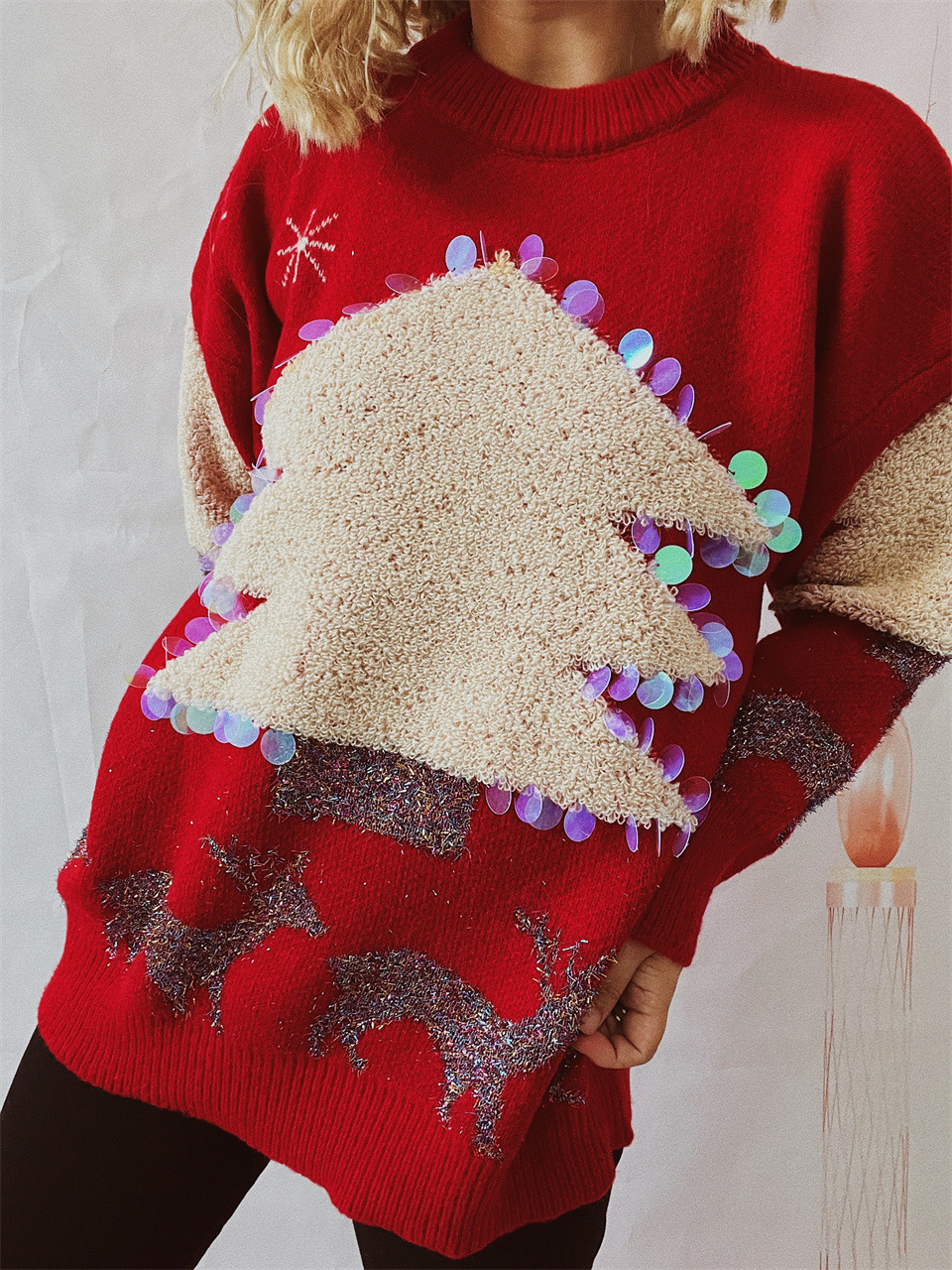 Women's Christmas Tree And Deer Sequined Pullover Sweater_voghion.com
