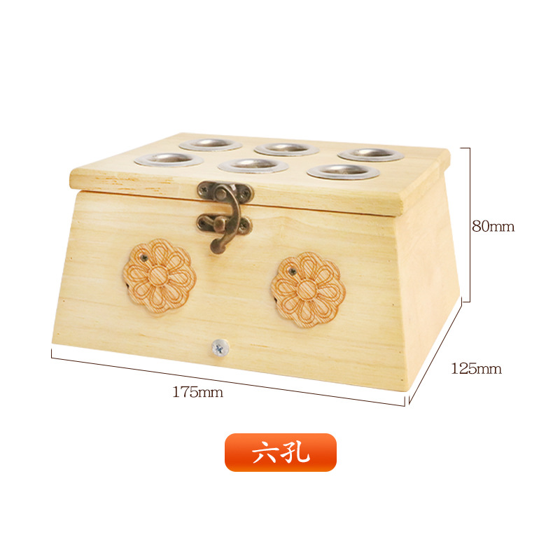 Wooden Moxibustion Box 6 Hole Oak Portable Moxa Burner with Acupoint Chart for Home Full Body Use details