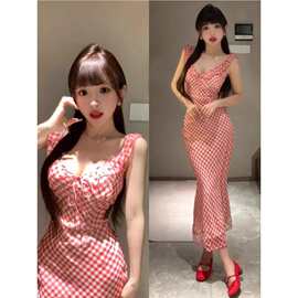 【原版做法＋内里】甜美法式红色格子吊带连衣裙子女度假风鱼尾长