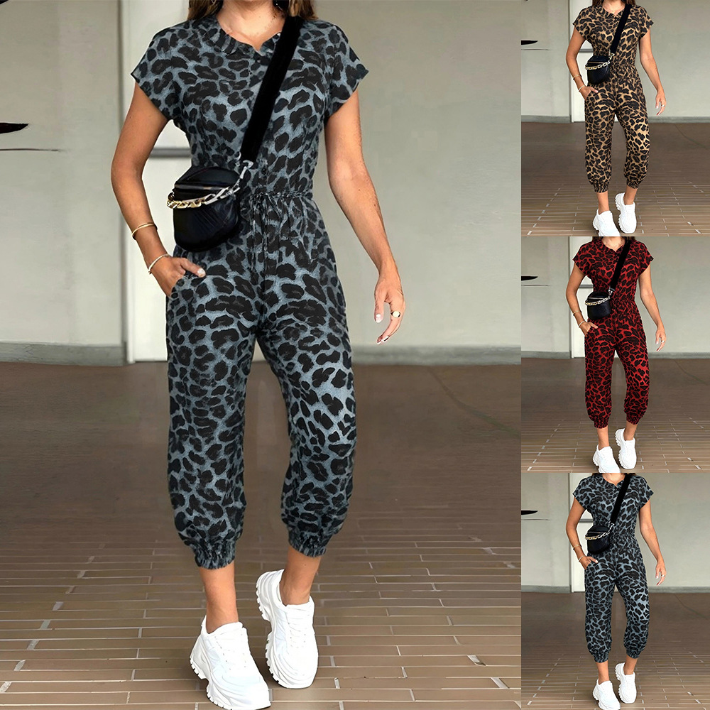 European and American Cross-Border Amazon Summer New Leopard Print Short-Sleeved Button Women's Jumpsuit (Including Waist Rope)