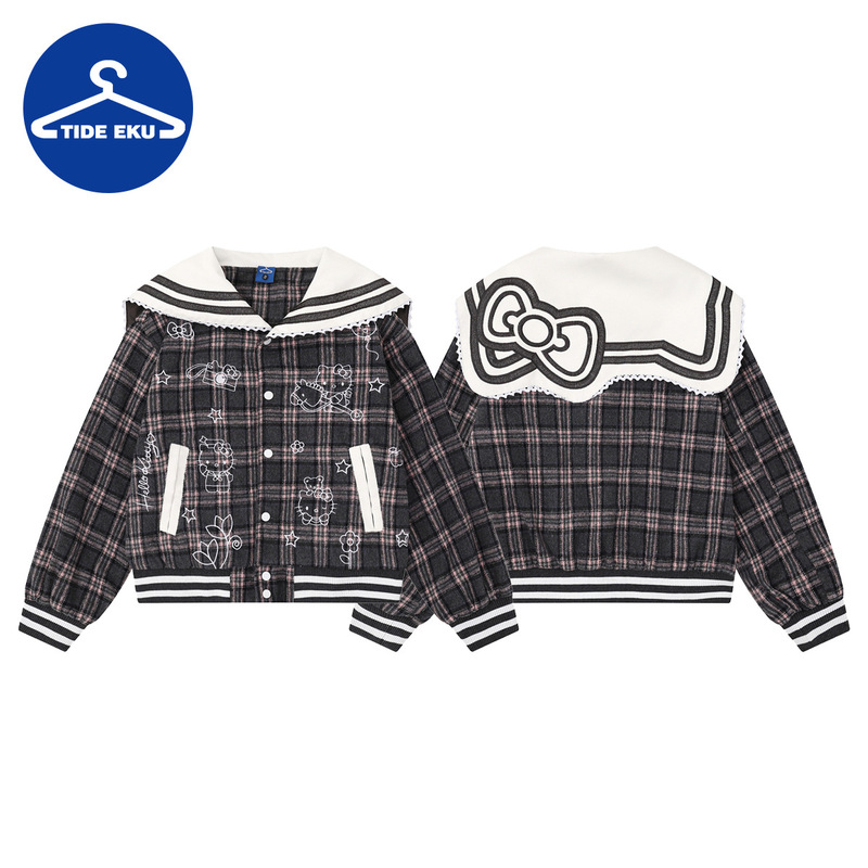 Tideeku American Retro Multi-Pocket Patchwork Workwear Jacket for Women Hello Kitty Street Style Loose Casual Trendy Coat