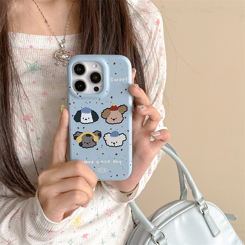 Cachorro de dibujos animados de cuero azul con salpicaduras de tinta para iPhone16promax funda para teléfono móvil 14 Apple 15P femenino 13/12