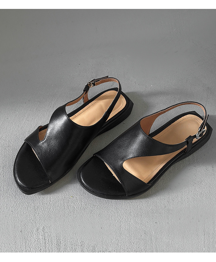 Dép sandal nữ quai ngang da bò hở mũi đế bằng kiểu La Mã — đen chi tiết 17