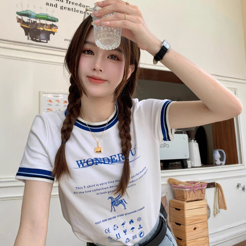Korean Style Top with Jeans Unique Design Sense Niche Contrast Color Short-sleeved Shoulder T-shirt Women's Summer