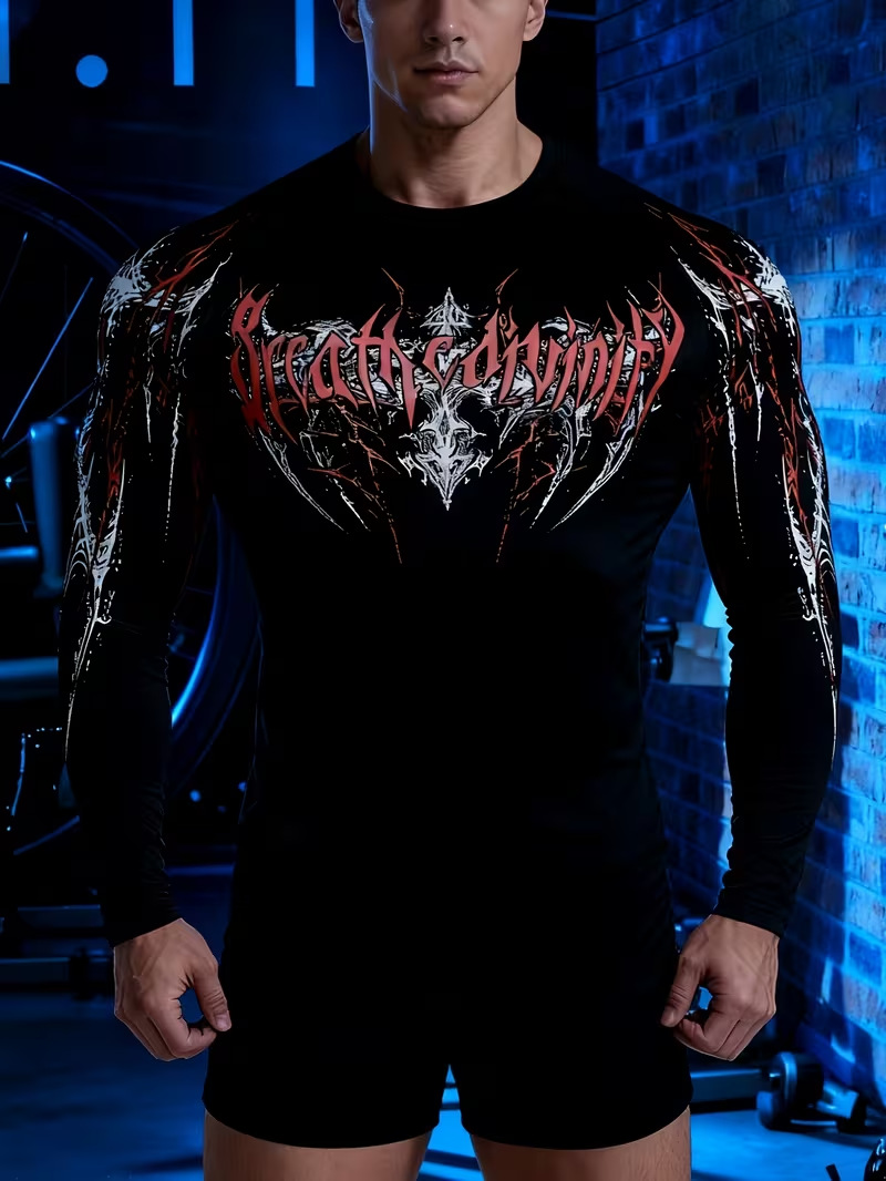 Men's Dark Style Skull And Thorn Print Long Sleeve T-Shirt Tight Fitting Quick Drying Fitness Sportswear American High Street_viptrois.com