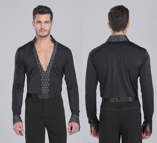 White black diamond competition latin ballroom dancing body  shirts v neck practise dancing salsa waltz tango flamenco world cup dance long sleeve tops men Latin suit