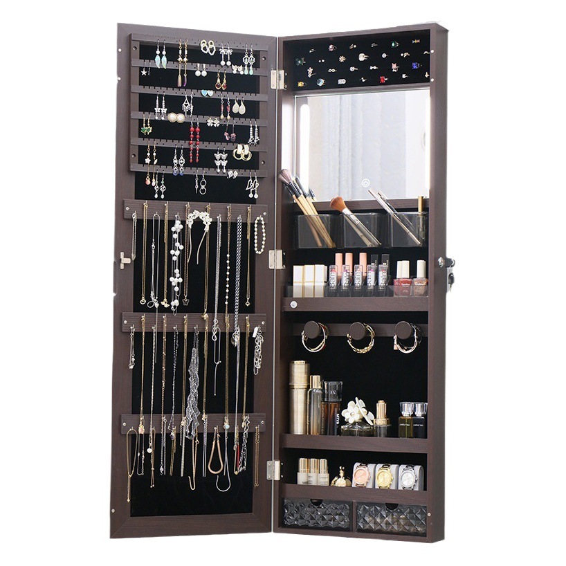 Espejo de gabinete de joyería montado en la pared espejo de cuerpo completo con tira de luz LED Interruptor táctil Almacenamiento de joyas multifunción