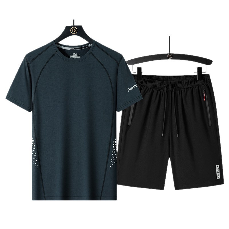 Traje deportivo de verano para hombres delgado seda de hielo casual manga corta dos piezas grandes pantalones sueltos transpirables rápidos secos para papá
