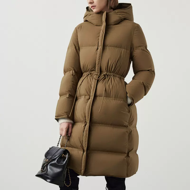 高级感连帽鹅绒服90白鹅绒中长款收腰羽绒服2025冬季新款女装黑色