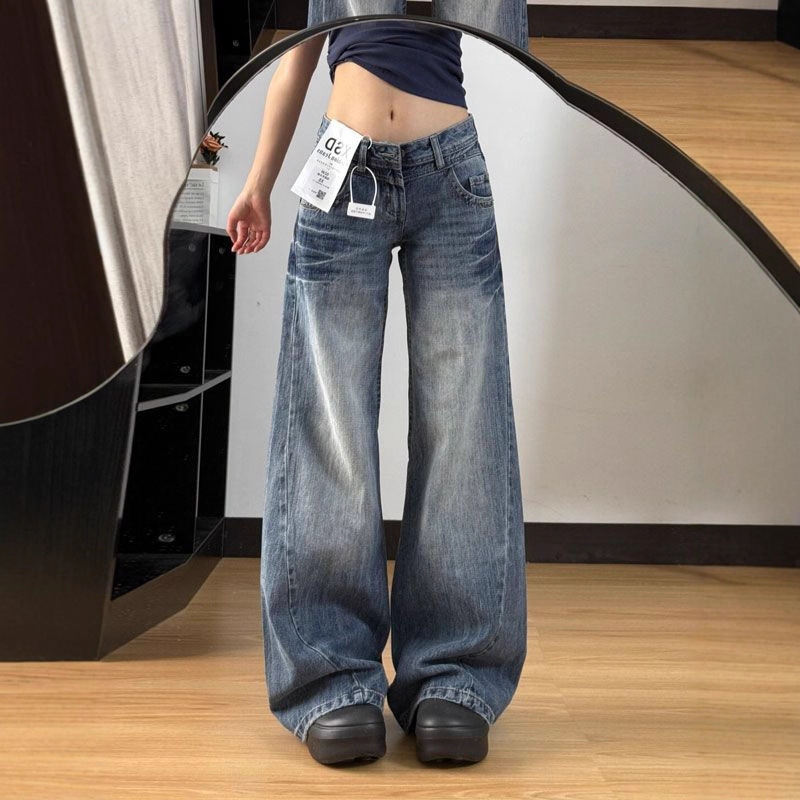 American Retro Creased Faded White Jeans for Women 2025 New Low-Waist Slimming Loose Straight Wide-Leg Floor-Length Pants