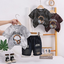 小童时尚风夏装字母圆领短袖两件套潮款2026年夏季新款薄款套装酷