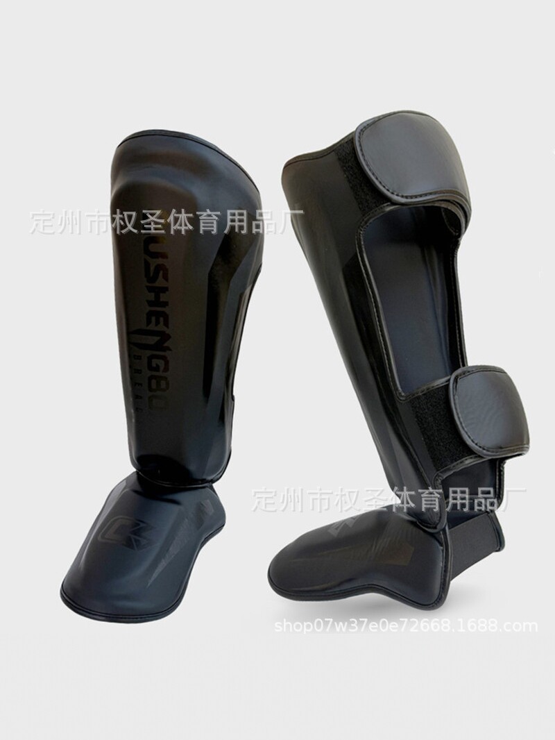 Boxing shin guards, professional shin protectors for Sanda and Muay Thai, MMA combat gear, with foot protection and kick resistance, thickened, available in black and white
